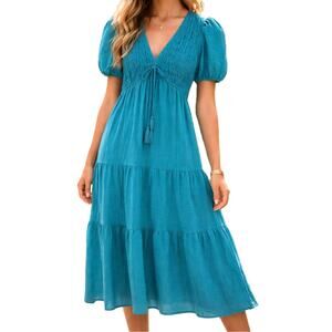 Taylor Tiered Midi Dress XS Teal Blue Short Sleeve Smocked Boho Chic Cottagecore